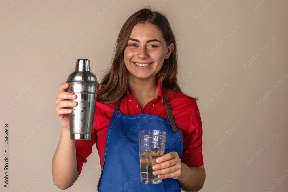 A woman in an apron holds a shaker and a glass, ready to mix a cocktail
