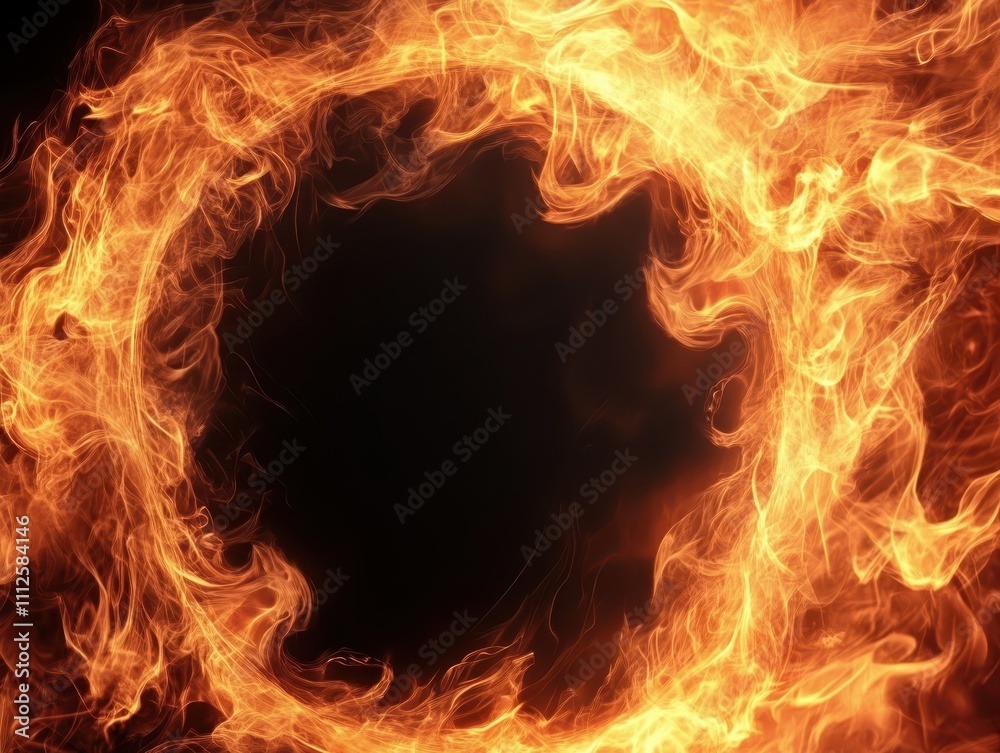 Creative fire design with vivid flames twisting into a fiery cycle, set on a deep black backdrop for dramatic contrast