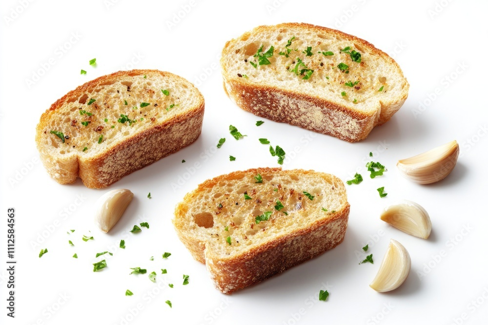 Three slices of bread topped with garlic and parsley Three slices of bread topped with garlic and parsley