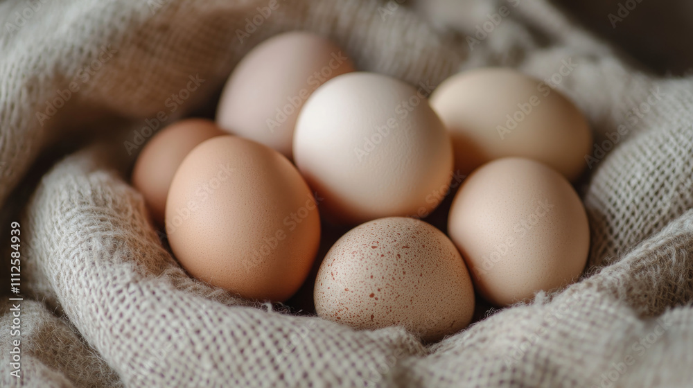 Seven eggs, one speckled, resting in a soft linen nest surrounded by white daisies
Seven eggs, one speckled, resting in a soft linen nest surrounded by white daisies