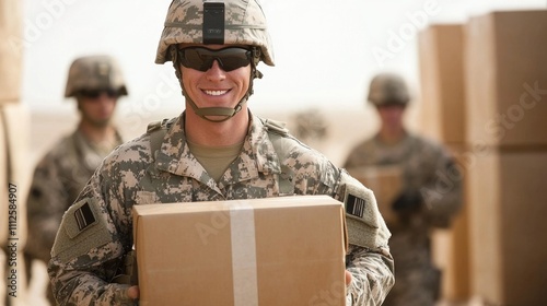 Smiling soldiers delivering Christmas gift packages, spreading joy and support to communities, showcasing military service and holiday spirit