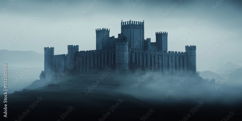 Obraz premium A dark, atmospheric castle looms above a foggy landscape, evoking a sense of mystery and medieval grandeur.