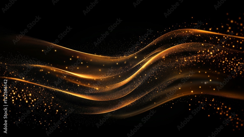 Golden light waves and sparkling particles on black background Golden light waves and sparkling particles on black background