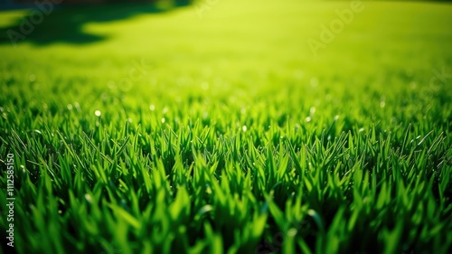 A close-up view of a vibrant green lawn, showcasing the intricate details of individual blades of grass under the warm glow of the sun.