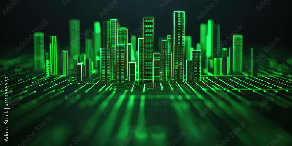 glowing energy efficient cityscape with vibrant green skyscrapers and digital elements, showcasing futuristic urban environment glowing energy efficient cityscape with vibrant green skyscrapers and digital elements, showcasing futuristic urban environment