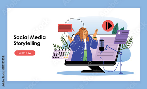 Social media storytelling landing page. Woman with microphone at computer screen. Freelancer and content creator, talented blogger. Flat vector illustration