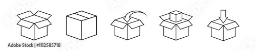 delivery box or parcel vector icons set (fill only eps file) on white background. product, cargo, package, packing, export, shipping, pack, deliver, delivering, packaging, mail, transport concept