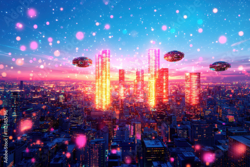 vibrant city skyline with glowing skyscrapers and hovering UFOs creates futuristic atmosphere filled with colorful lights and magical ambiance