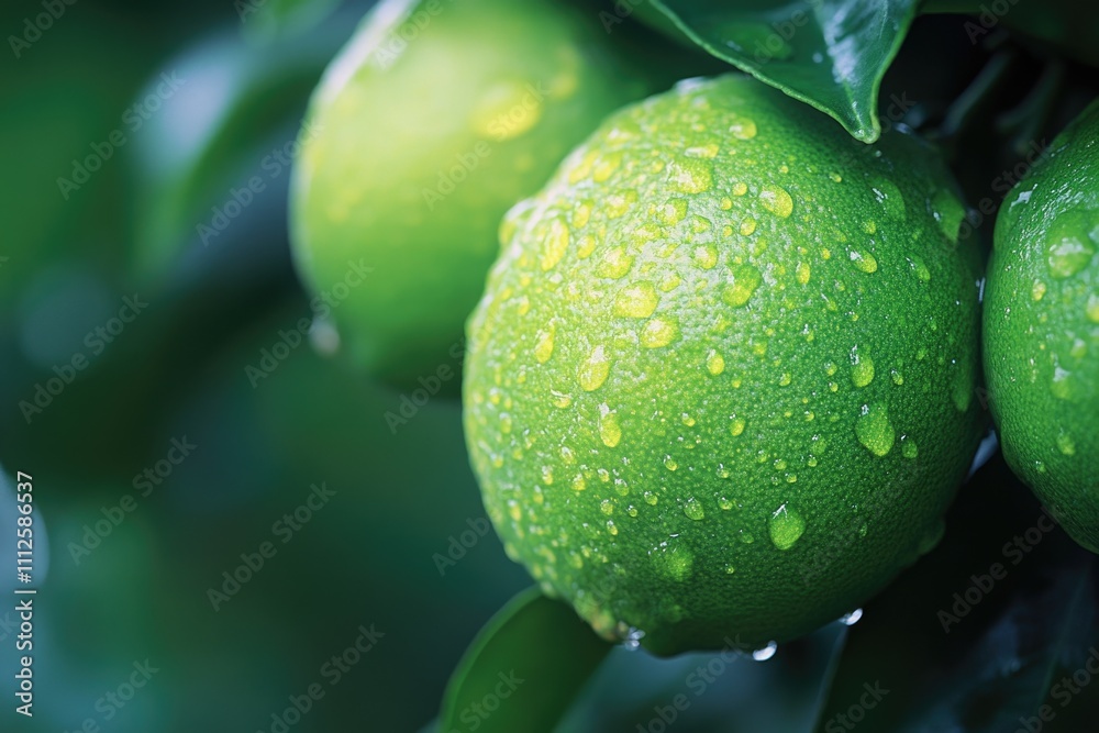 A close-up shot of green lemons growing on a tree branch, perfect for food or nature-related use A close-up shot of green lemons growing on a tree branch, perfect for food or nature-related use