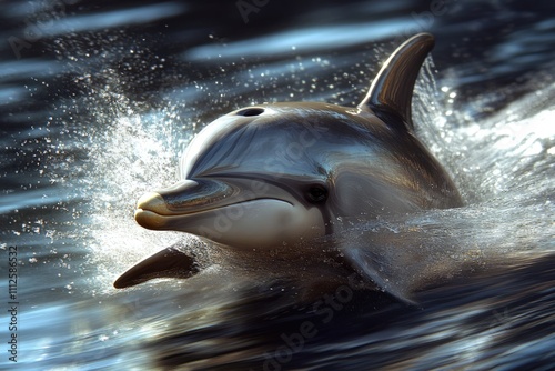 A dolphin swimming in the water with its mouth open, great for use as an illustration or design element photo