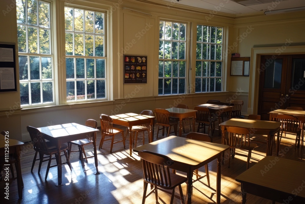 Sunlit classroom with numerous small wooden tables and chairs. Sunlit classroom with numerous small wooden tables and chairs.