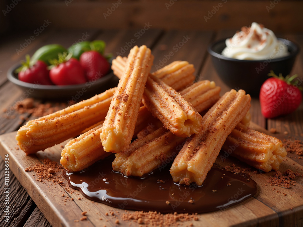 Warm churros with chocolate sauce, fresh strawberries whipped cream at a cozy dessert bar