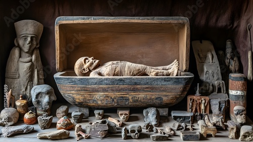 Ancient Egyptian artifacts displayed around a wooden sarcophagus with a mummified figure and associated burial items photo