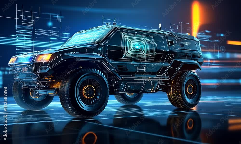 Futuristic Armored Vehicle: Digital Rendering of a High-Tech Off-Road SUV Futuristic Armored Vehicle: Digital Rendering of a High-Tech Off-Road SUV