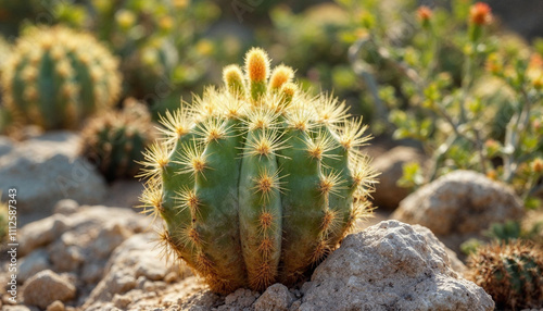 Cactus varieties and native succulent plants in the desert landscape with blue sky and clouds mountains cliffs rocks beautiful cenery photo