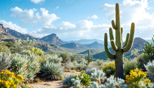 Cactus varieties and native succulent plants in the desert landscape with blue sky and clouds mountains cliffs rocks beautiful cenery photo