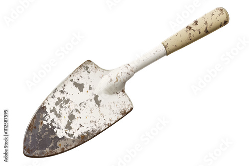 a dirty shovel with a wooden handle photo