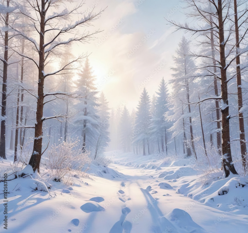 Obraz premium Watercolor painting of a winter landscape with snow-covered trees, peaceful scene, icy rivers