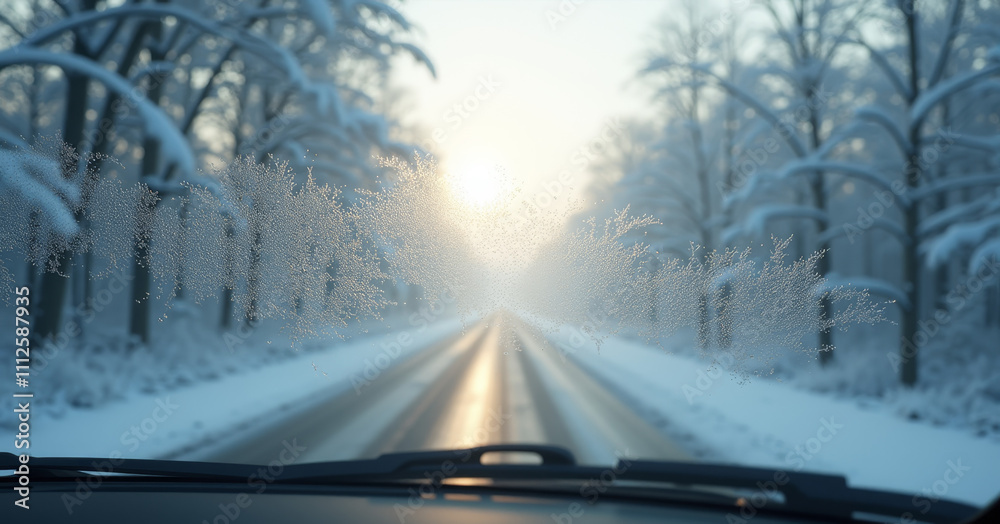 Frosty car windshield with winter road and sun rising in snowy landscape Frosty car windshield with winter road and sun rising in snowy landscape