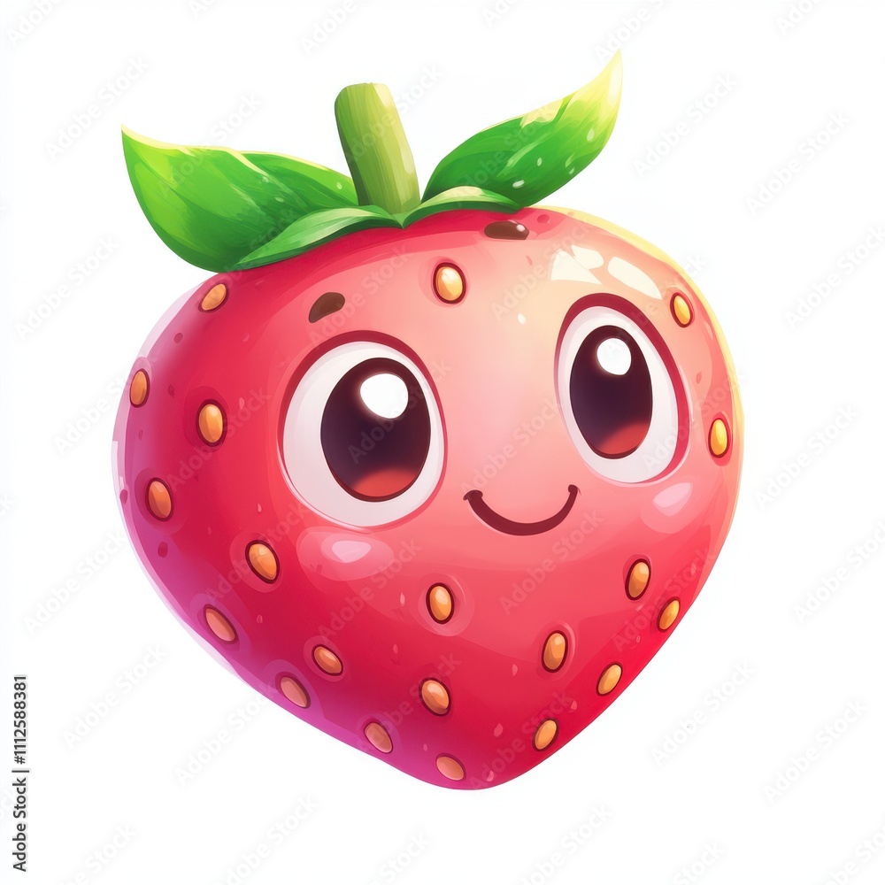 Obraz premium A cute and cheerful cartoon strawberry with large eyes and a playful smile, perfect for children's graphics and illustrations.