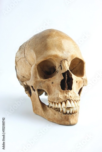 A detailed view of a human skull on a white background, great for use in medical or scientific contexts