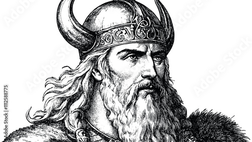 Portrait of God Odin Detailed Vintage Engraving Illustration on White Background with Intricate Texture Norse Mythology Art Antique Style Legendary Deity Graphic Vintage Viking God
