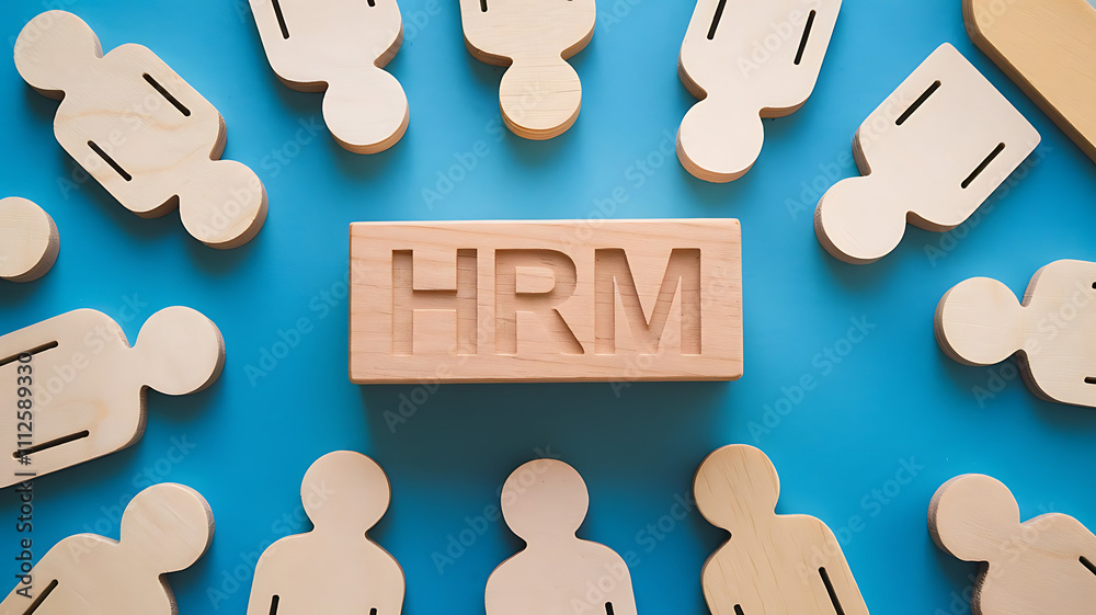 HRM: Human Resources Management, Employee Engagement, Recruitment, and Organizational Growth, human resources management concept. Wooden figures on the blue background, hrm copy space, hrm background HRM: Human Resources Management, Employee Engagement, Recruitment, and Organizational Growth, human resources management concept. Wooden figures on the blue background, hrm copy space, hrm background