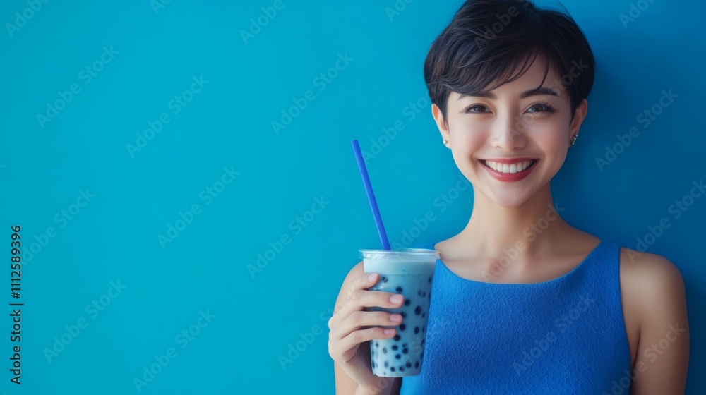 A young woman with short hair joyfully holds a blue drink with bubbles while standing in front of a bright blue wall. Her cheerful expression highlights the refreshing nature of her beverage. A young woman with short hair joyfully holds a blue drink with bubbles while standing in front of a bright blue wall. Her cheerful expression highlights the refreshing nature of her beverage.