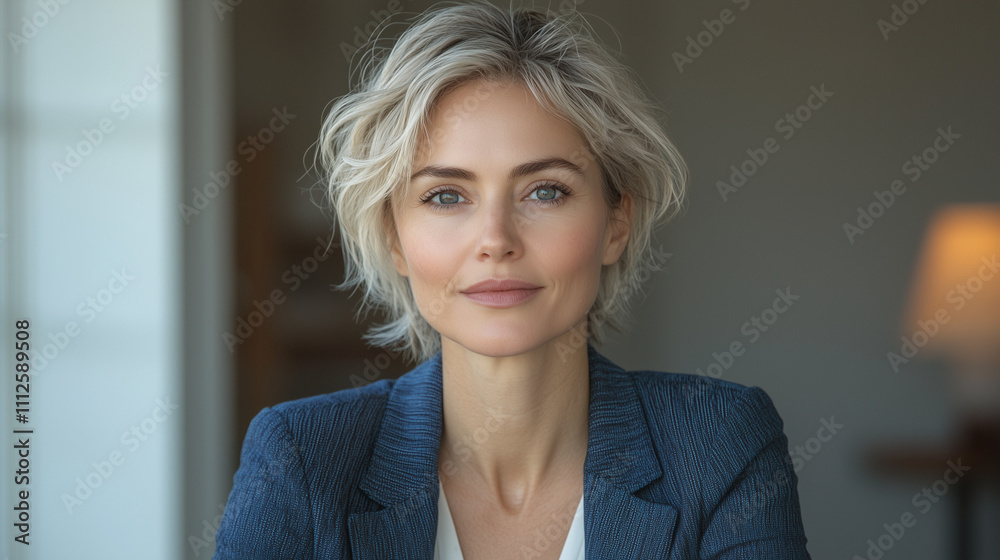 Confident young businesswoman with short blonde hair wearing a blazer, professional and friendly demeanor