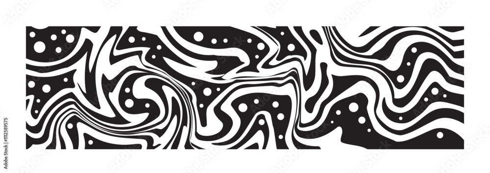 Obraz premium Psychedelic trippy pattern figure. Geometric collage and composition. Wavy black splashes. Template for poster or banner. Linear vector illustration