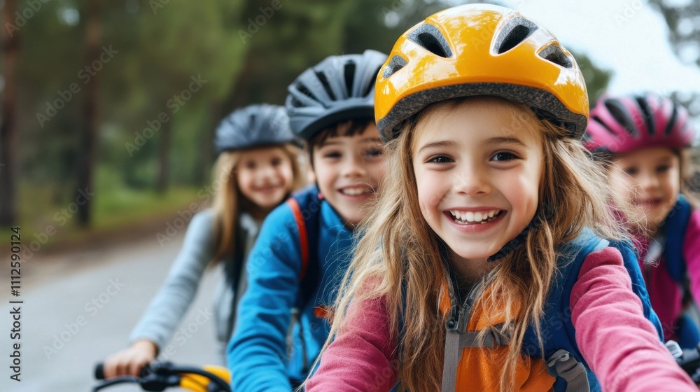 Fototapeta premium Joyful Group of Children Riding Bicycles on a Scenic Path Through Trees, Smiling and Enjoying a Fun Day Outdoors with Friends in Bright Helmets