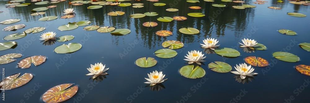 Water lilies floating on a serene lake, botanicals, water lilies, outdoor scenery Water lilies floating on a serene lake, botanicals, water lilies, outdoor scenery