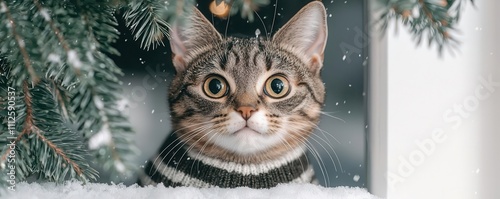 A curious cat peeks out from a snowy window with festive decorations, creating a cozy winter atmosphere.