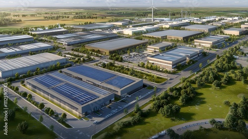 Expansive industrial complex with solar panels and wind turbines in a rural setting