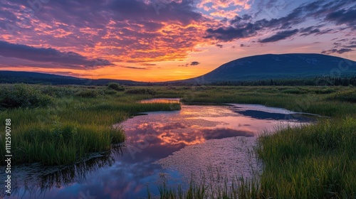 A serene landscape scene of a small pond surrounded by mountains at sunset