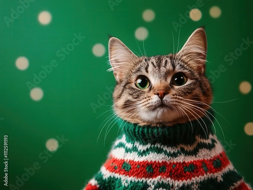 A cute cat wearing a festive sweater poses against a green background with decorative spots, exuding holiday cheer. photo