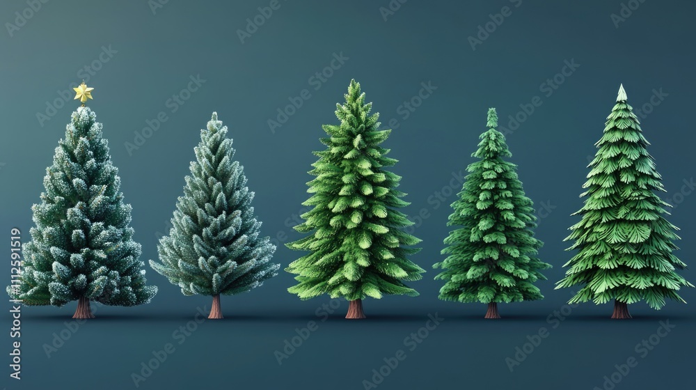 Row of Christmas trees against a bright blue background Row of Christmas trees against a bright blue background