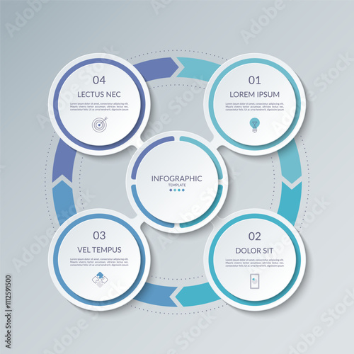Infographic circle with 4 options, parts. 4-step vector template for business infographics. Process chart, cycle diagram for business presentation, report, brochure, web, data visualization.