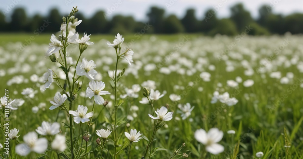 Fototapeta premium White campion flowers blooming in Norfolk field, field, white campion