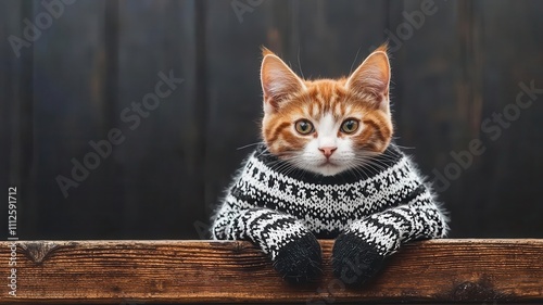 A cute ginger cat wearing a cozy sweater rests its paws on a wooden surface, gazing curiously at the camera against a dark background.