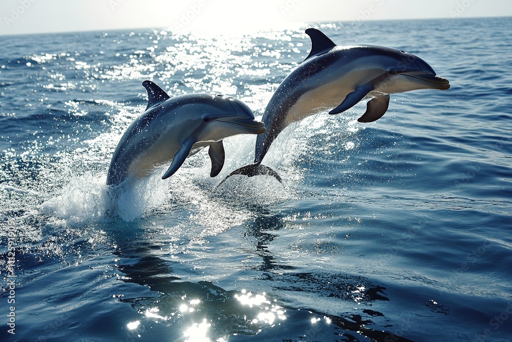Fototapeta premium Two dolphins leaping from sea at sunset
