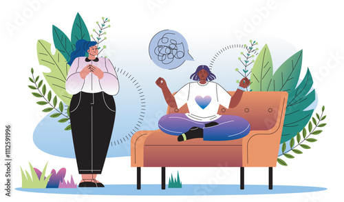 Psychiatrist with client. Woman listens to problems of girl. Psychological support. Uncertainty, frustration and depression. Mental and psychological problems. Flat vector illustration