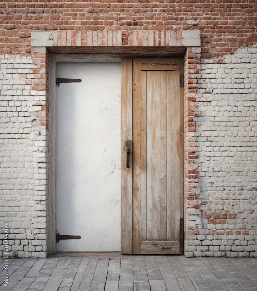 Fototapeta premium White-painted old brick wall with a wooden door in the foreground, wooden door, natural beauty, rural scenery