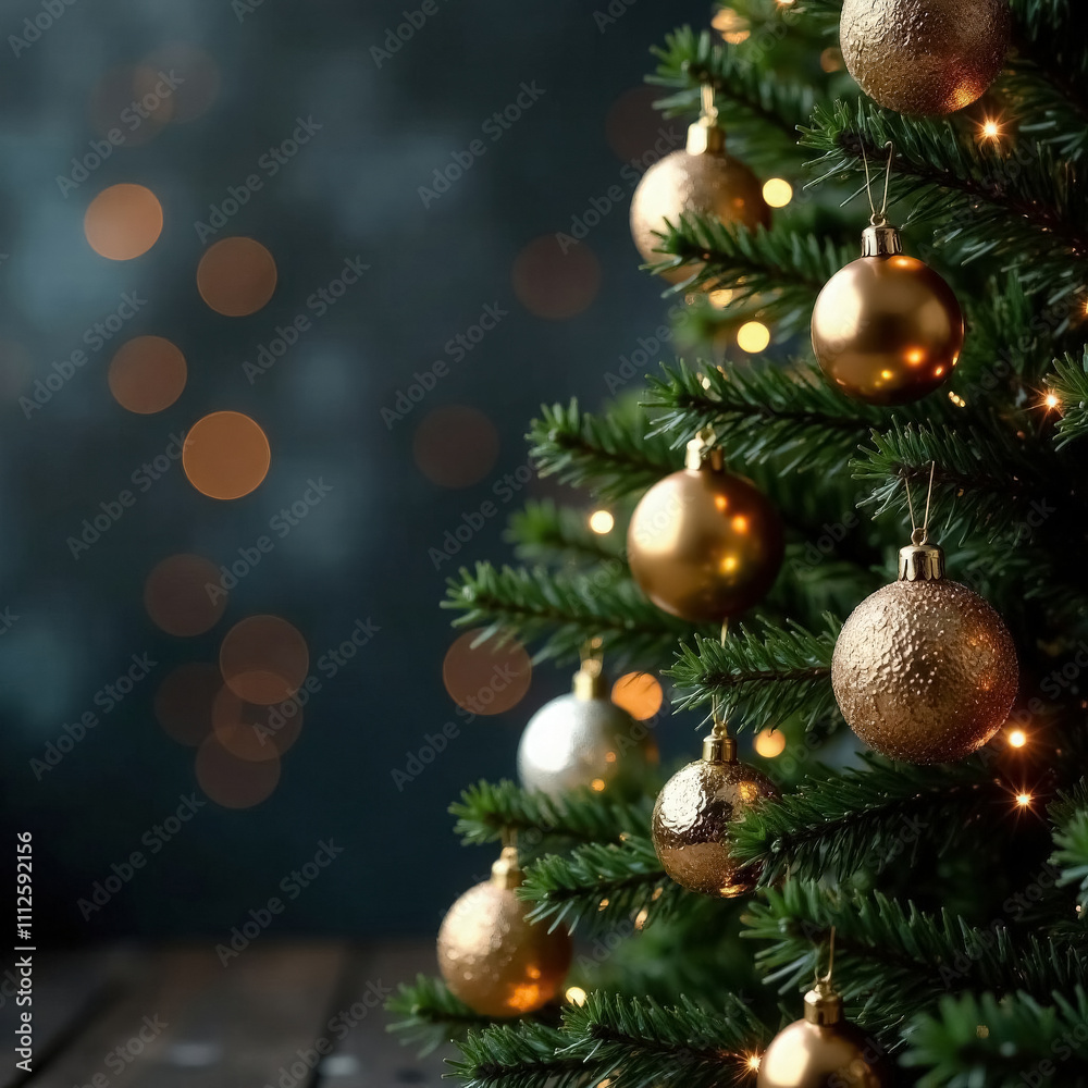Christmas tree with golden balls decor on the background of bokeh lights Christmas tree with golden balls decor on the background of bokeh lights