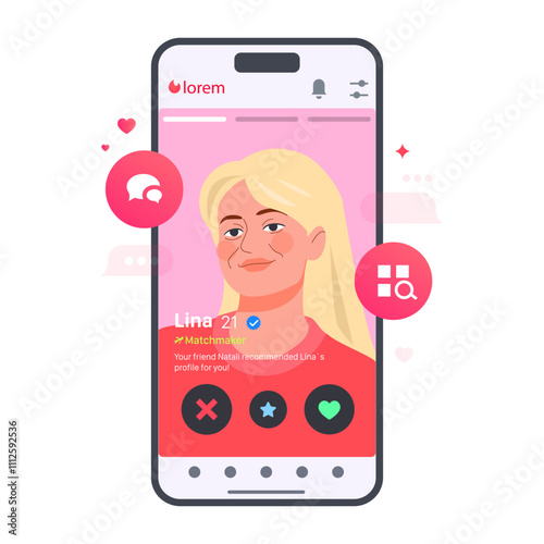 Dating App Interface mobile screen with Blonde Girl. Flat vector illustration