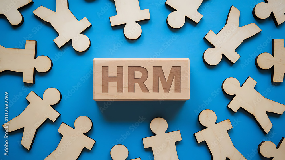 HRM: Human Resources Management, Employee Engagement, Recruitment, and Organizational Growth, human resources management concept. Wooden figures on the blue background, hrm copy space, hrm background
