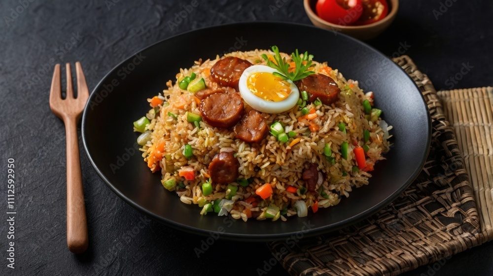 Indonesian sausage fried rice Nasi Goreng served on a black plate with copy space image Indonesian sausage fried rice Nasi Goreng served on a black plate with copy space image