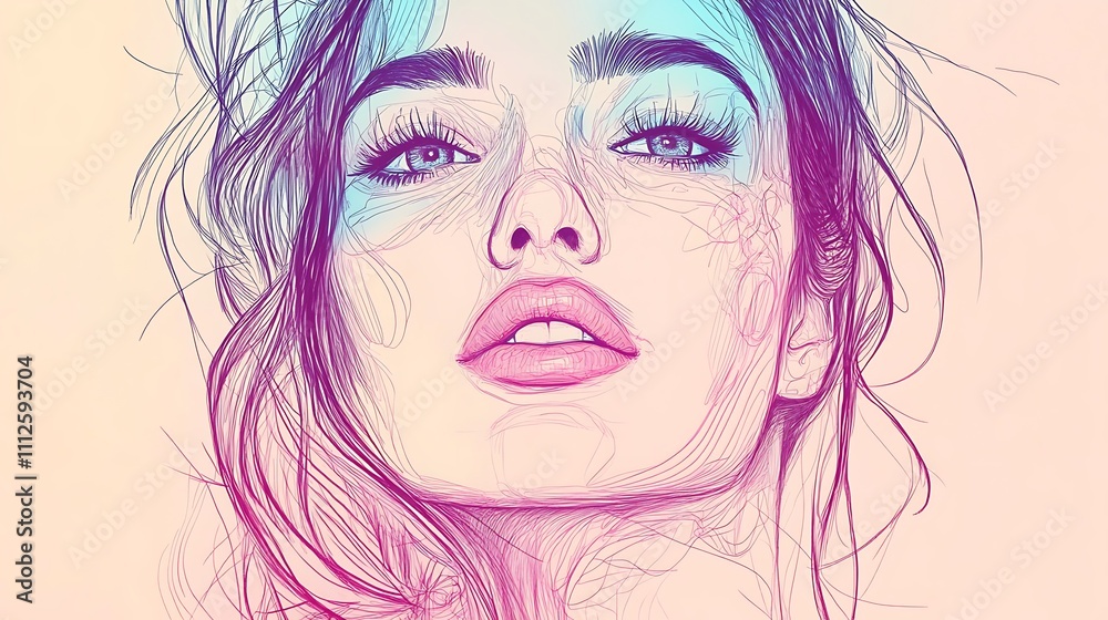 Dreamy Pastel Portrait: Digital Line Art of a Woman. AI Generated Dreamy Pastel Portrait: Digital Line Art of a Woman. AI Generated