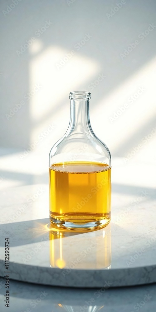 Yellow gold colored liquid in a clear glass bottle on a sleek surface, modern laboratory, smooth surface Yellow gold colored liquid in a clear glass bottle on a sleek surface, modern laboratory, smooth surface