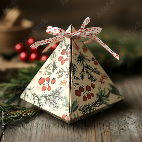 Elegant triangular party favor box with Christmas theme, adorned with festive red berries and green foliage, perfect for holiday celebrations